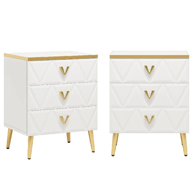 Pack of 2 Modern 3-Drawer Nightstand, White Gold Sofa End Table Bedside Table with Storage