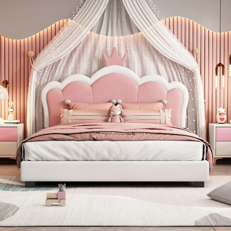 Pink Full Size+Pink Upholstered Bed with Crown Headboard