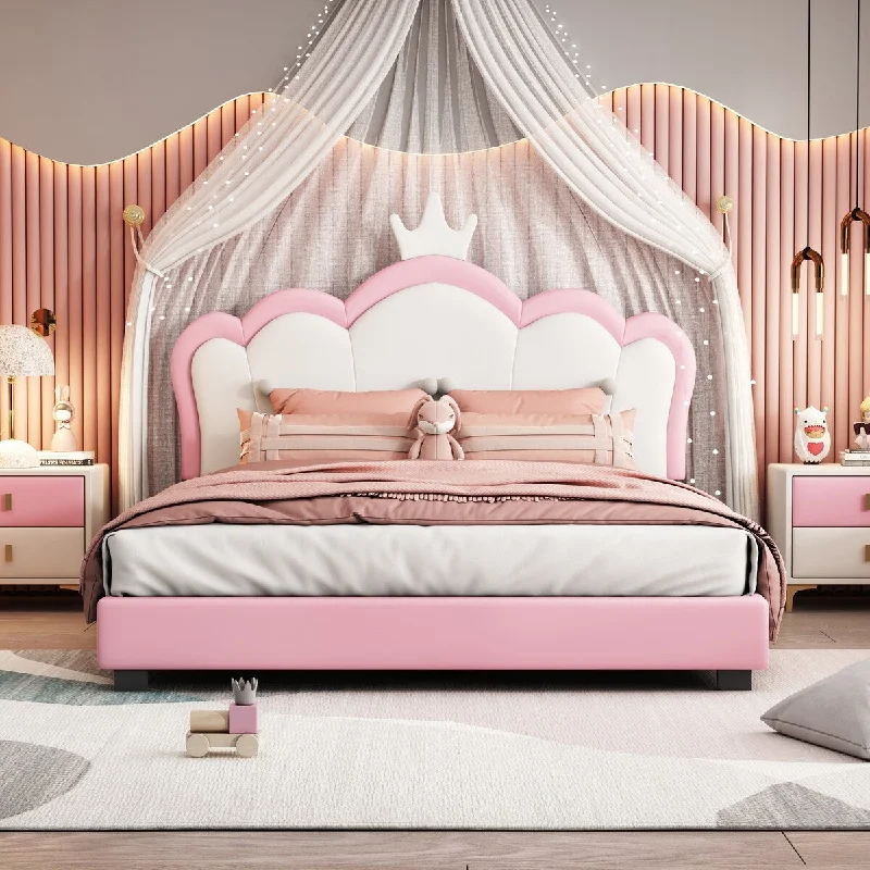 Pink Full Size Princess Upholstered Platform Bed with Crown Headboard, Solid Pine Wood Frame, Easy Assembly