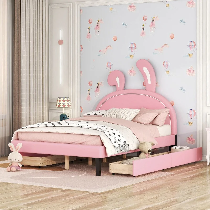 Pink Full Size PU Leather Upholstered Platform Bed with Rabbit Ornament Headborad and 2 Drawers, Ideal for Kids