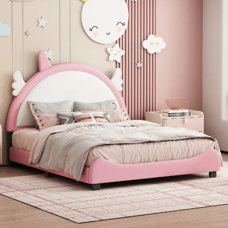 Pink Full Size PU Upholstered Platform Bed with Unicorn Shape Headboard, Sturdy Pine Wood Frame, Easy Assembly