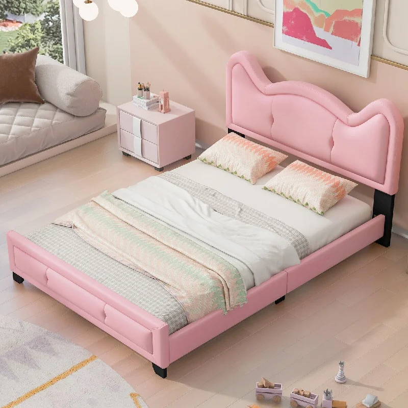 Pink Full Size Upholstered Platform Bed with Cartoon Ears Headboard