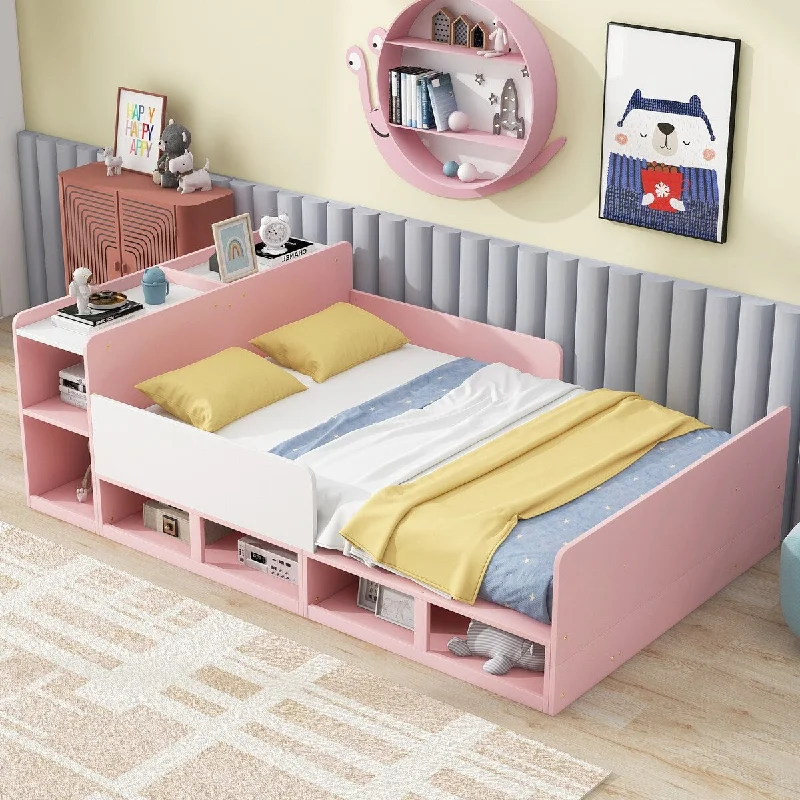 Pink Full Size Wood Platform Bed with Built-in Storage Drawers