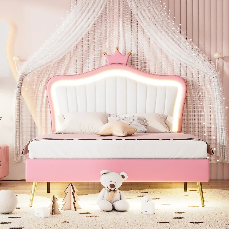 Pink Full SizeModern Upholstered Platform Bed with LED Lights and Elegant Crown Headboard