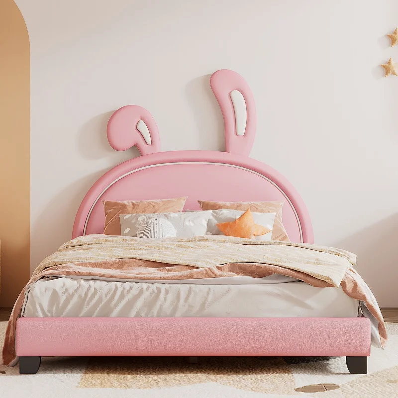 Pink Full Upholstered Platform Bed with Rabbit Ornament