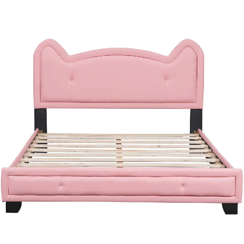 Pink Pine Platform Bed with Cartoon Ears Headboard