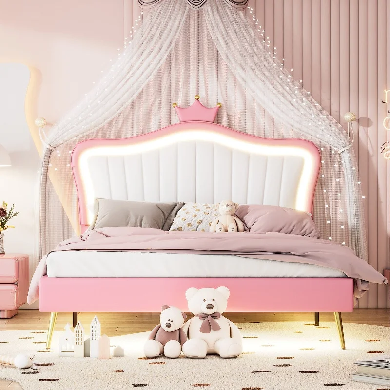 Pink Queen Upholstered Bed Frame with LED Lights