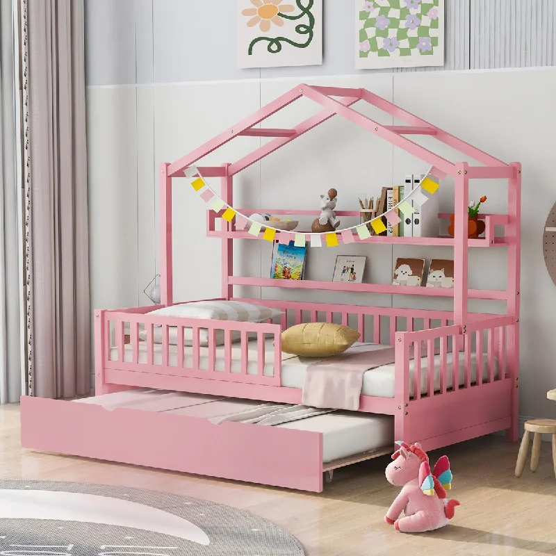 Pink Twin Size House Platform Bed with Trundle, Shelf, Roof, Semi-Enclosed Space, Sturdy Pinewood Frame, Space-saving