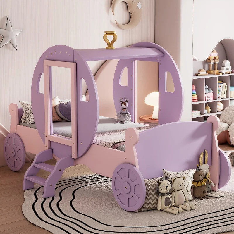 Pink Twin Size Princess Carriage Bed with Crown, Wood Platform Car Bed with Stair, Purple and Pink