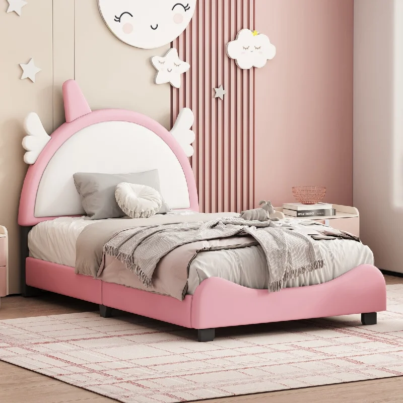 Pink Twin Size PU Upholstered Platform Bed with Unicorn Shape Headboard, Sturdy Pine Wood Frame, Easy Assembly