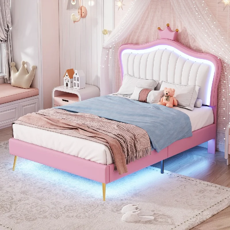 Pink Twin Size Upholstered Platform Bed with LED Lights for Added Ambiance