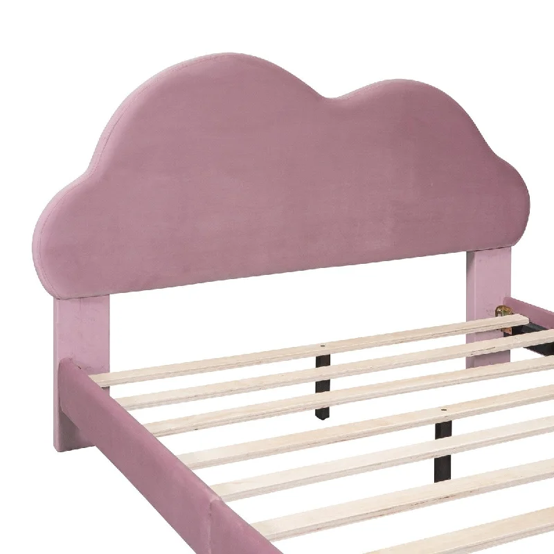 Pink Velvet Full Platform Bed with Cloud Shape, MDF Construction