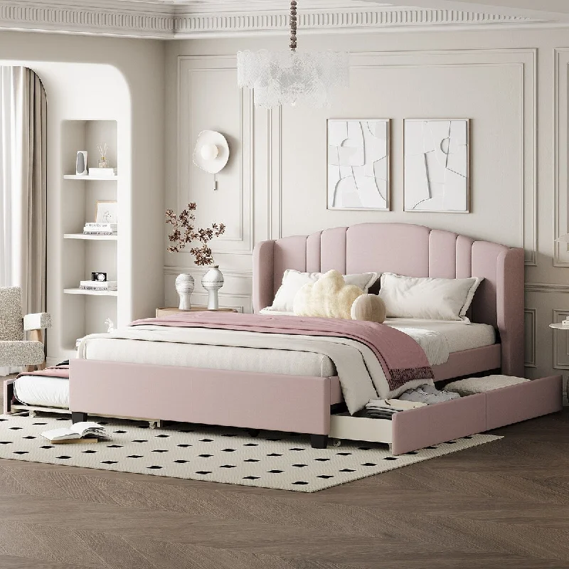 Queen Bed Wingback Frame with Trundle and 2 Drawers, Pink Linen Bed