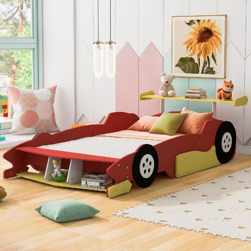 Red Full Size Solid Wood Race Car-Shaped Platform Bed with Headboard, Wheels and Storage Rack