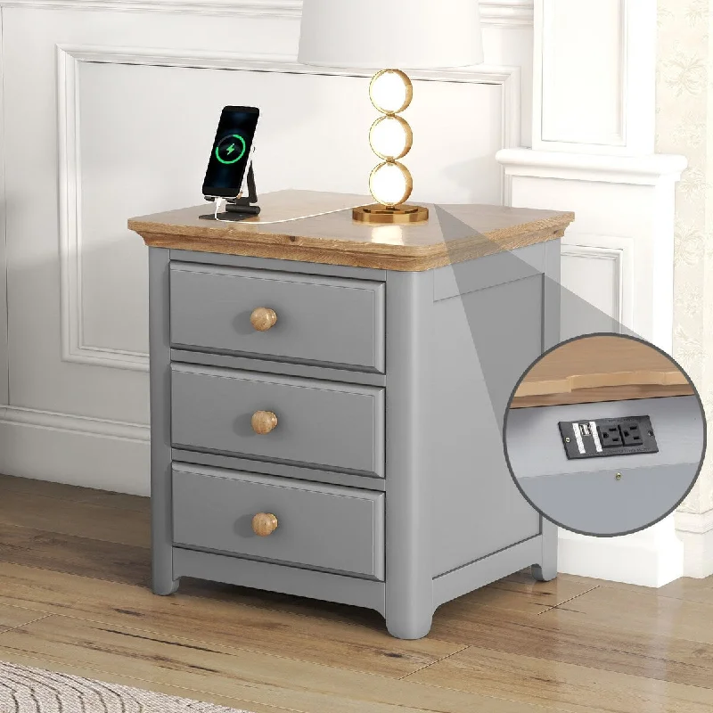 Retro Design, Bedside Table Made of Solid Wood, with Three Drawers and USB Interface, Suitable for Bedrooms, Gray