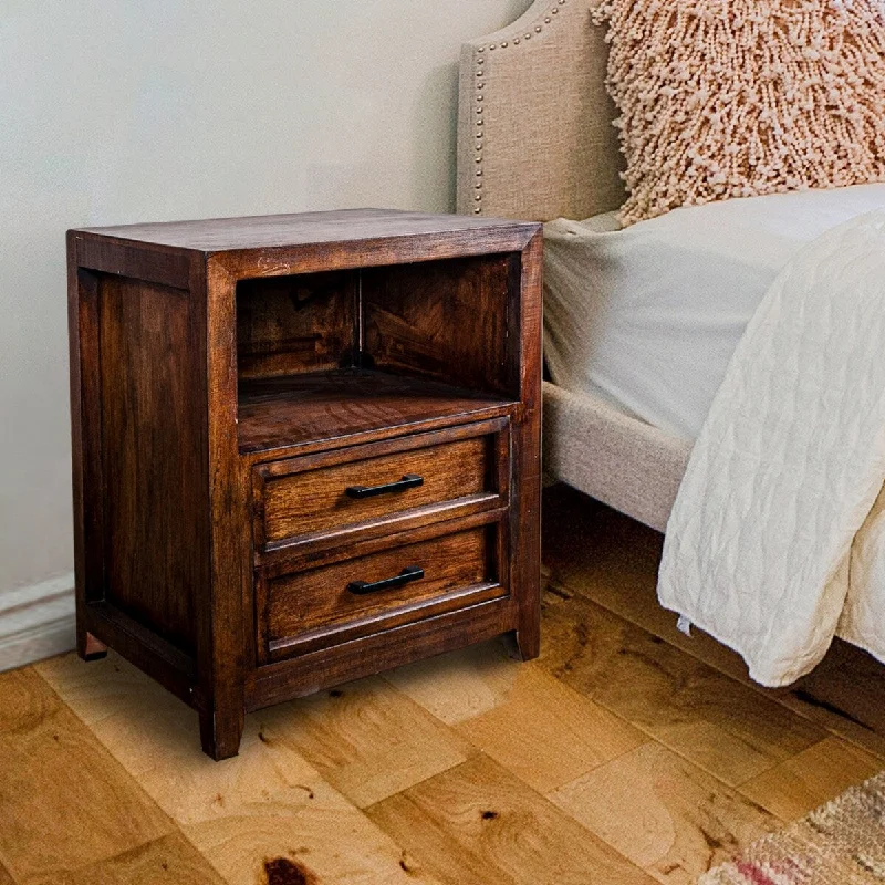 Rustic Dark Brown Solid Wood 2-Drawer Nightstand Bedside Table