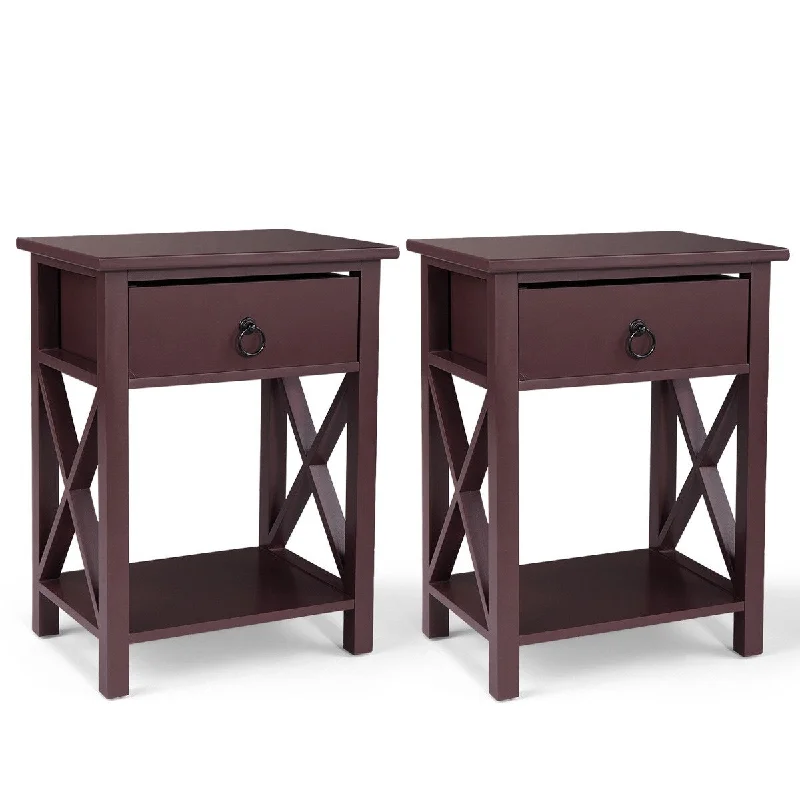 Set of 2 Wooden Nightstand, X-Shaped Sofa Side Table, End Table with Drawer, Bedroom Living Room Furniture, Brown