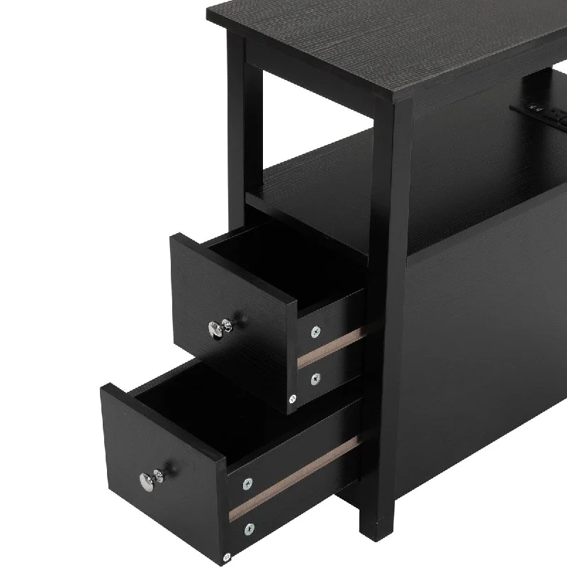 Slim Black Bedside Table Narrow Nightstands with Charging Station