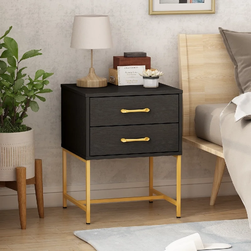 Timechee Nightstand Bedside Table 2-Drawer Black with Glden Metal Base