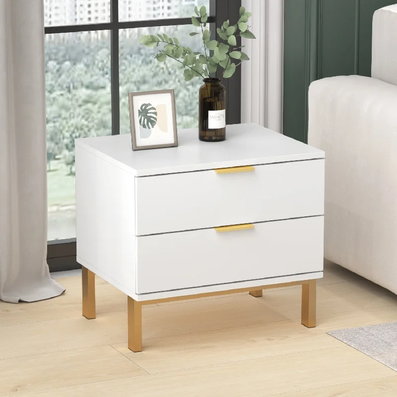 Timechee Nightstand Bedside Table w/ 2 Drawers and Metal Legs, White