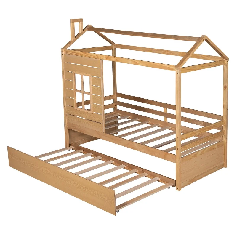 Twin House Bed with Trundle & Guardrail