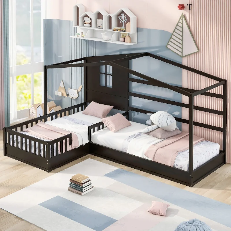 Twin L-Shaped House Bed with Fence & Slatted Frame