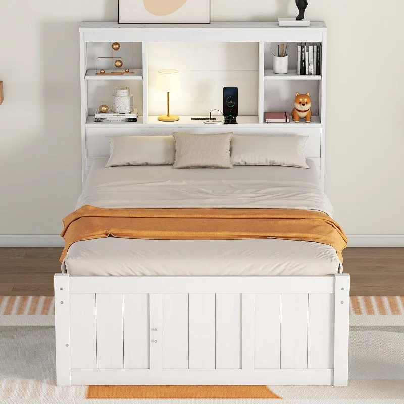 Twin Size Bookcase Bed Platform Bed Antique White Wood Platform Frame Versatile Single Bed with Charging Station & Shelf