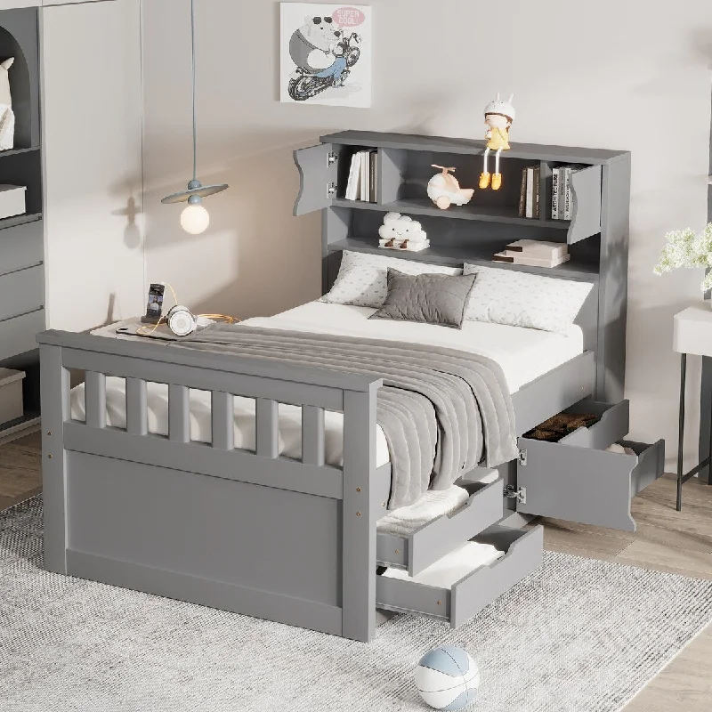 Twin Size Captain Platform Bed Frame with Storage Bookcases and Shelves, Wooden Bed with Four Drawers, Gray