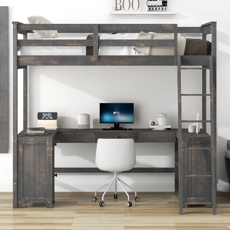 Twin Size Loft Bed with U-shaped Desk, Wooden Bed with Drawers and Storage Shelves, Platform Bed with Ladder, Antique Brown