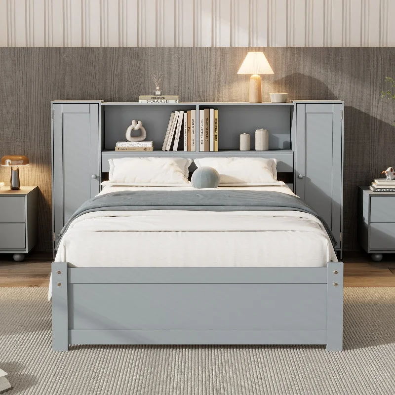 Twin Size Platform Bed with Storage Headboard, Wooden Bed with Lockers, Gray