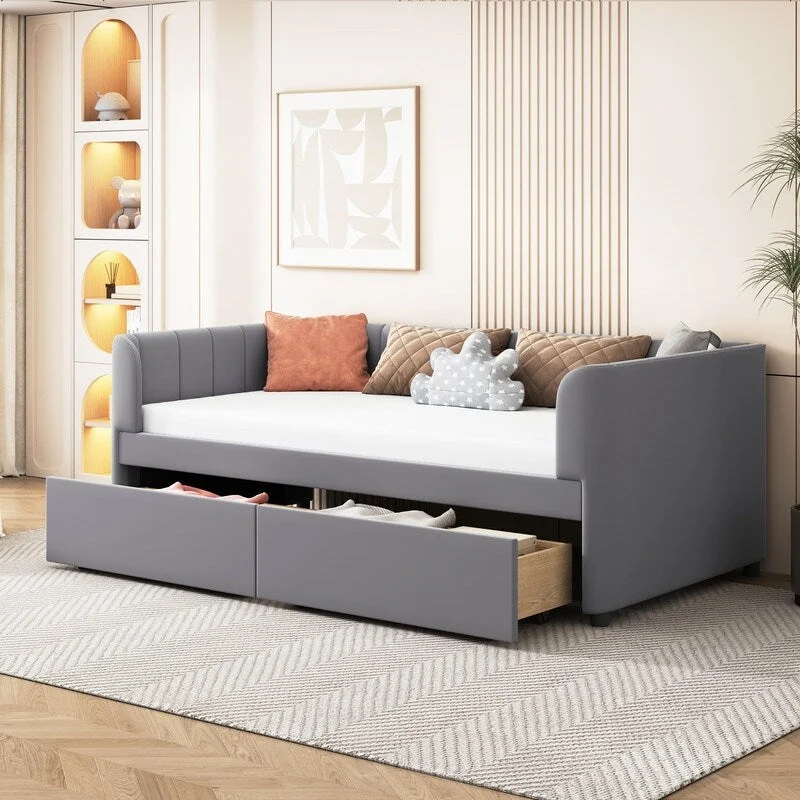 Twin Size Upholstered Daybed with 2 Storage Drawers-No Bed Boxing Needed,3 Colors