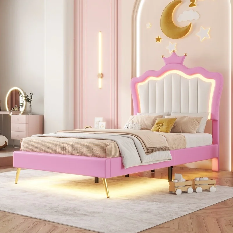 Twin Size Upholstered Princess Bed with LED Lights, Crown Headboard