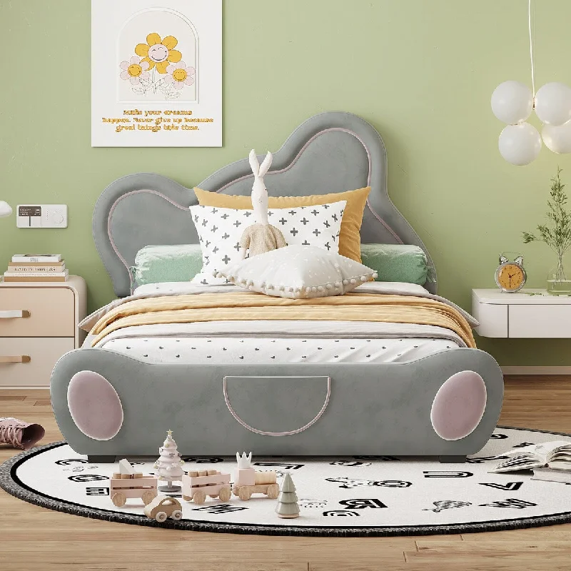 Twin Size Velvet Kids Bed with Bear-Shaped Headboard, Gray