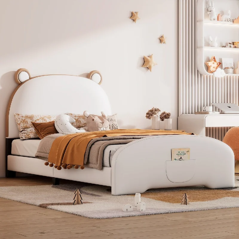 Twin Upholstered Platform Bed w/Bear-Shaped Headboard&Footboard,White