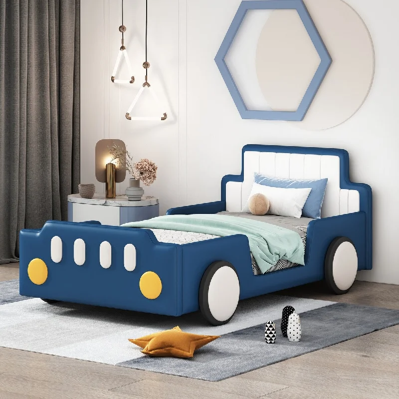 Unique design Wooden Twin Size Race Car-Shaped Kids Bed Platform Bed with Wheels, Blue