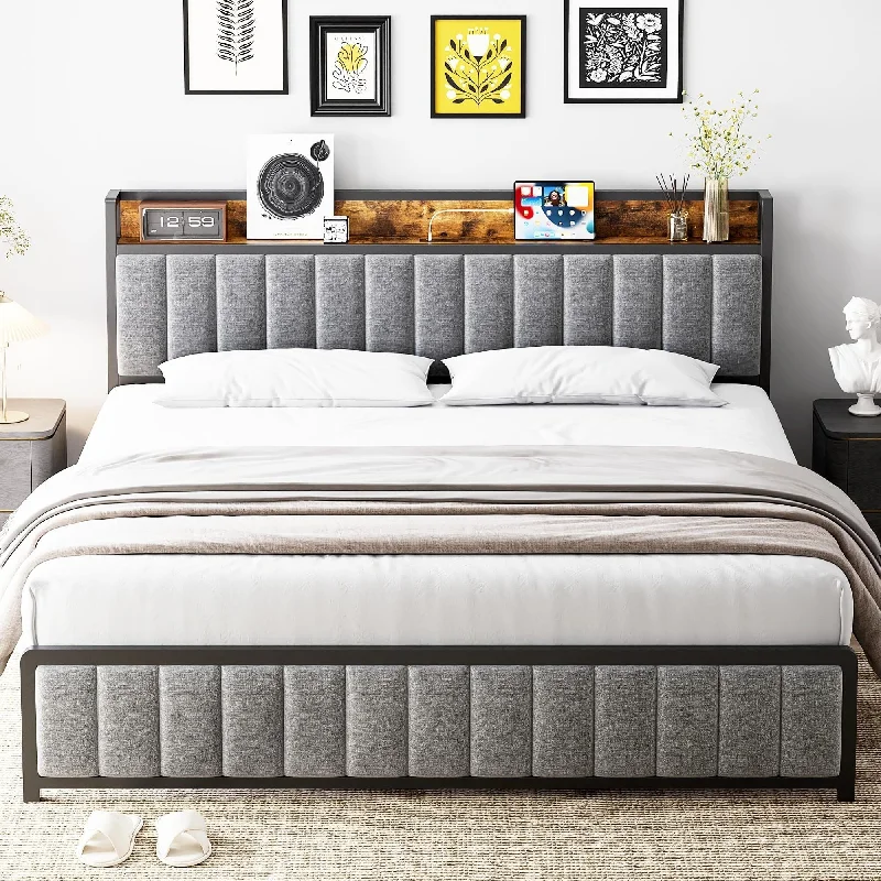 Upholstered Bed Frame with Charging Station