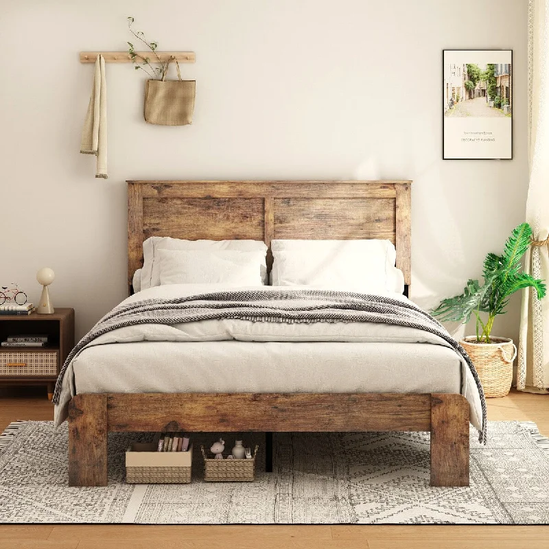 Vintage Wood Platform Bed Frame No Box Spring Needed and Easy Assemble, Full Size