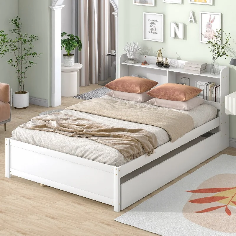 White Full Platform Bed with Twin Trundle