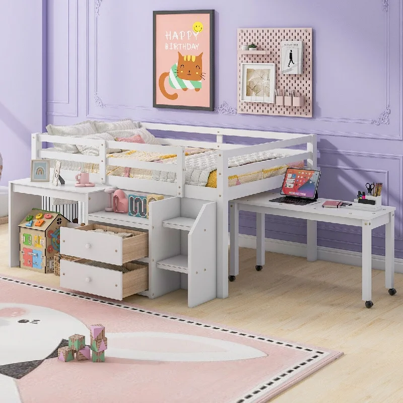 White Full Size Loft Bed with Study Desk, Drawers, and Lateral Portable Desk