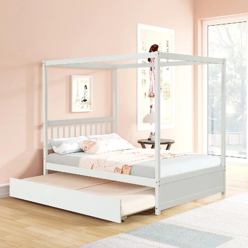 White Full Size Pine Poster Bed with Trundle for Classic Style and Convenience