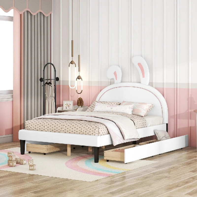 White Full Size/ Upholstered Platform Bed with Rabbit Headboard