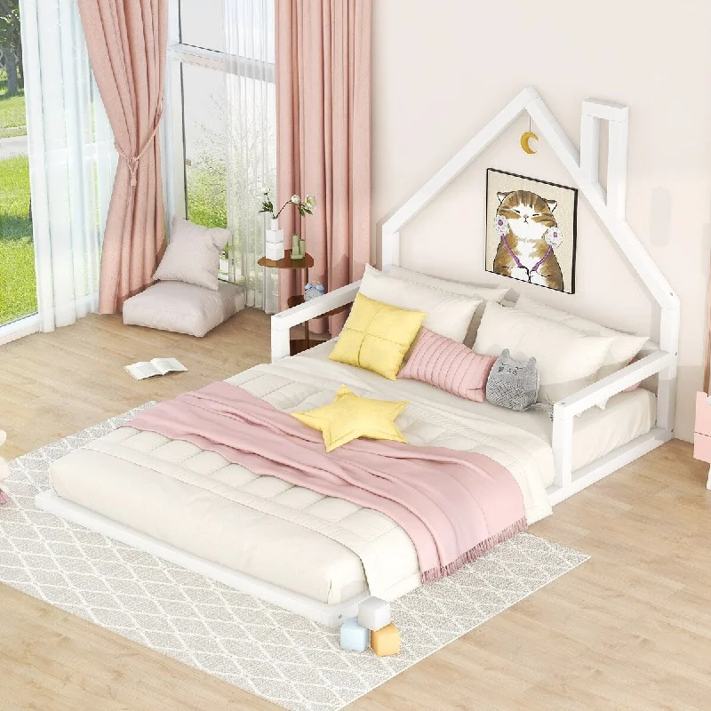 White Full Size Wood Floor Bed with House-Style Headboard