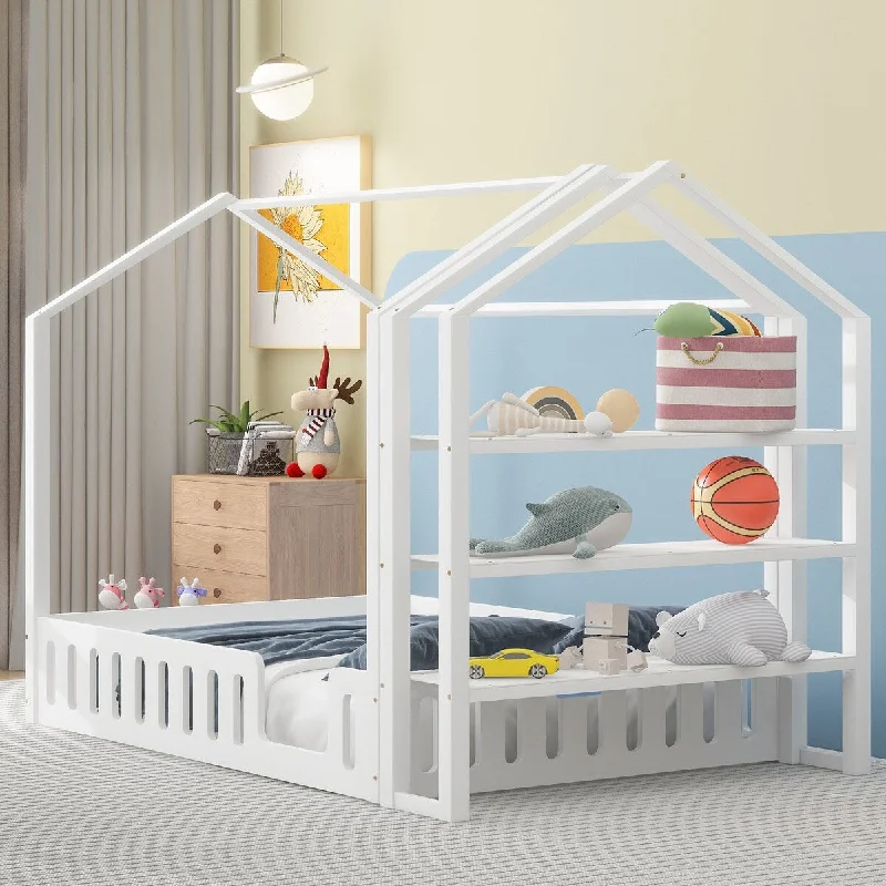 White Full Size Wood House Bed with Fence, Detachable Storage Shelves - Natural, Sturdy Pine Wood