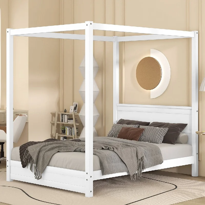 White Full SizeModern Canopy / Platform Bed with Headboard, Support Legs