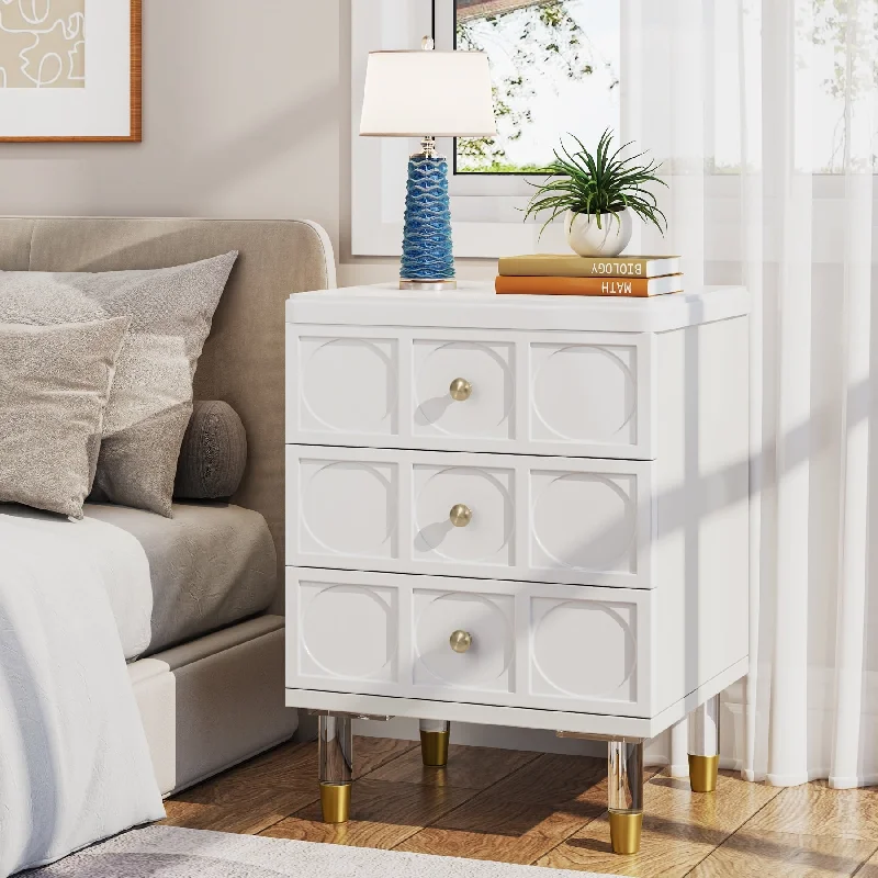 White Gold Nightstand Bedside Table with 3 Drawers