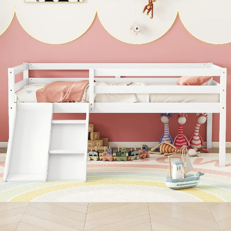 White Low Loft Bed Wood Bed Frame Safety Kids Bed with Ladder & Slide, Concise Stylish Kids Loft Bed Frame with 10 Pcs Slats