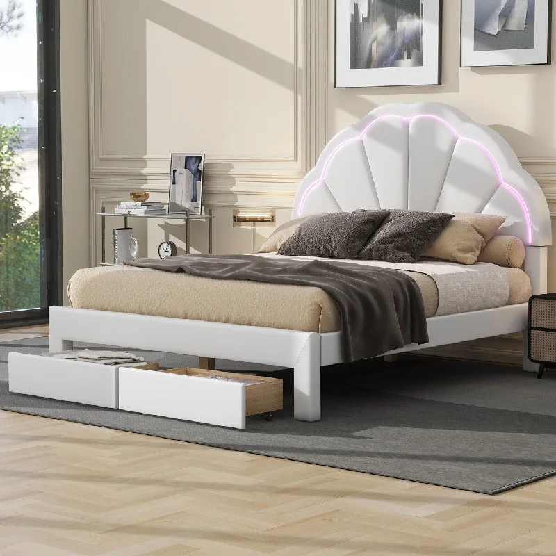 White Queen Size Platform Bed with LED and Seashell Headboard, 2 Drawers