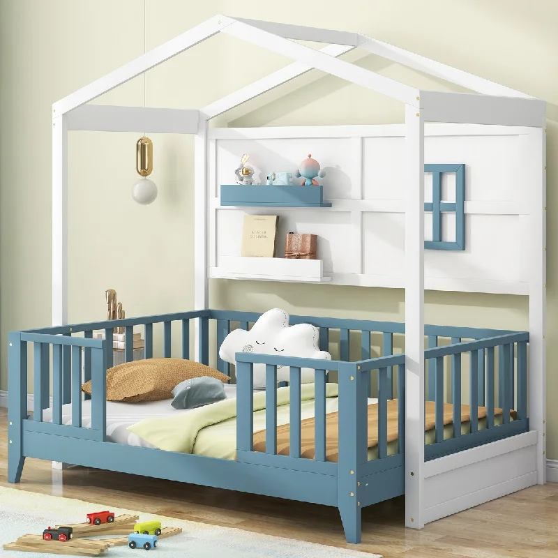 White Twin Size & Blue House Bed with Shelves