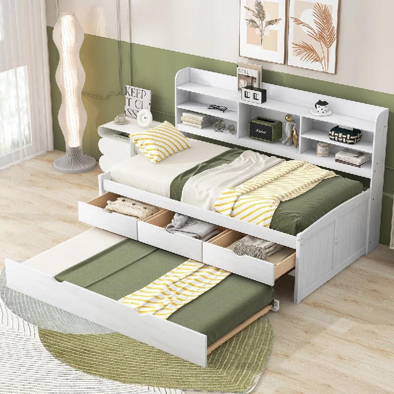 White Twin Size Captain Bed with Bookshelves, Three Drawers, and Trundle