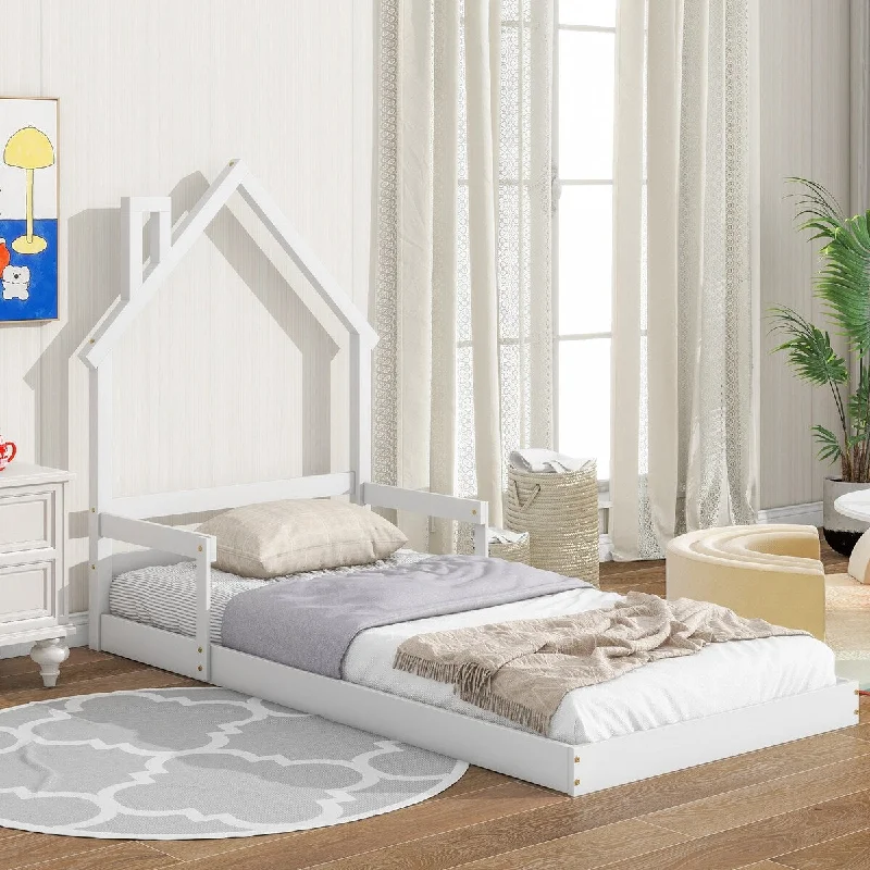 White Twin Size House Bed with Handrails and Slats, Stylish Design